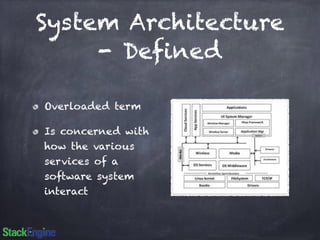 System Architecture 
- Defined 
Overloaded term 
Is concerned with 
how the various 
services of a 
software system 
interact 
 