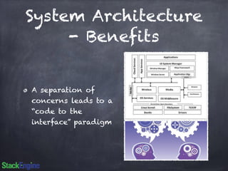 System Architecture 
- Benefits 
A separation of 
concerns leads to a 
“code to the 
interface” paradigm 
 