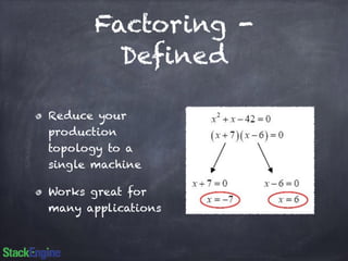 Factoring - 
Defined 
Reduce your 
production 
topology to a 
single machine 
Works great for 
many applications 
 
