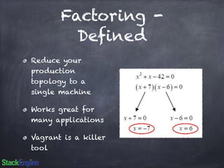 Factoring - 
Defined 
Reduce your 
production 
topology to a 
single machine 
Works great for 
many applications 
Vagrant is a killer 
tool 
 