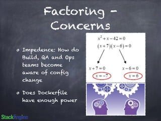 Factoring - 
Concerns 
Impedence: How do 
Build, QA and Ops 
teams become 
aware of config 
change 
Does Dockerfile 
have enough power 
 