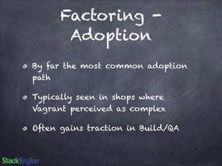 Factoring - 
Adoption 
By far the most common adoption 
path 
Typically seen in shops where 
Vagrant perceived as complex 
Often gains traction in Build/QA 
 