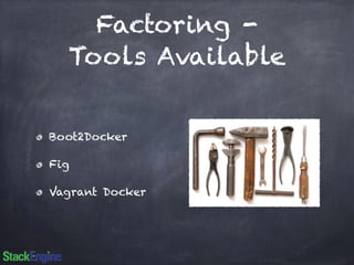 Factoring - 
Tools Available 
Boot2Docker 
Fig 
Vagrant Docker 
 