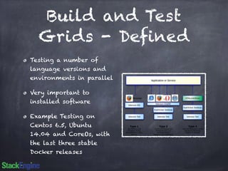 Build and Test 
Grids - Defined 
Testing a number of 
language versions and 
environments in parallel 
Very important to 
installed software 
Example Testing on 
Centos 6.5, Ubuntu 
14.04 and CoreOs, with 
the last three stable 
Docker releases 
 