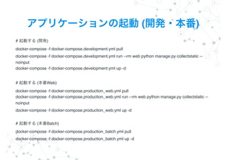 ( )
# ( )?
docker-compose -f docker-compose.development.yml pull
docker-compose -f docker-compose.development.yml run --rm web python manage.py collectstatic --
noinput?
docker-compose -f docker-compose.development.yml up -d
# ( Web)?
docker-compose -f docker-compose.production_web.yml pull?
docker-compose -f docker-compose.production_web.yml run --rm web python manage.py collectstatic --
noinput
docker-compose -f docker-compose.production_web.yml up -d?
# ( Batch)?
docker-compose -f docker-compose.production_batch.yml pull
docker-compose -f docker-compose.production_batch.yml up -d
 