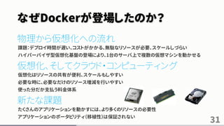 なぜDockerが登場したのか？
物理から仮想化への流れ
課題：デプロイ時間が遅い、コストがかかる、無駄なリソースが必要、スケールしづらい
ハイパーバイザ型仮想化基盤の登場により、1台のサーバ上で複数の仮想マシンを動かせる
仮想化、そしてクラウド・コンピューティング
仮想化はリソースの共有が便利、スケールもしやすい
必要な時に、必要なだけのリソース増減を行いやすい
使った分だか支払う料金体系
新たな課題
たくさんのアプリケーションを動かすには、より多くのリソースの必要性
アプリケーションのポータビリティ（移植性）は保証されない
31
 