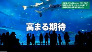 高まる期待
まずは、どうしてDockerやコンテナが
注目されるに至ったのか、これまでの
経緯を簡単に振り返りましょう。
 