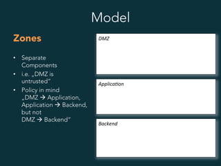 Model
Zones
•  Separate
Components
•  i.e. „DMZ is
untrusted“
•  Policy in mind
„DMZ à Application,
Application à Backend,
but not
DMZ à Backend“
DMZ	
  
Applica8on	
  
Backend	
  
 