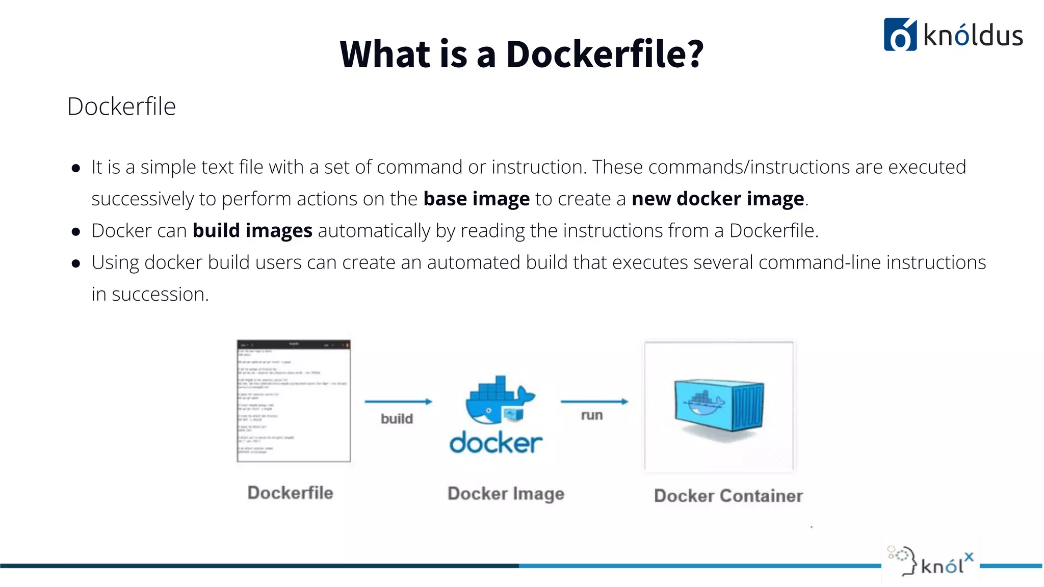 ● It is a simple text ﬁle with a set of command or instruction. These commands/instructions are executed
successively to perform actions on the base image to create a new docker image.
● Docker can build images automatically by reading the instructions from a Dockerﬁle.
● Using docker build users can create an automated build that executes several command-line instructions
in succession.
What is a Dockerfile?
Dockerﬁle
 