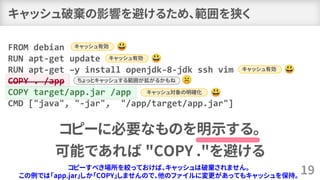 キャッシュ破棄の影響を避けるため、範囲を狭く
19
FROM debian
RUN apt-get update
RUN apt-get –y install openjdk-8-jdk ssh vim
COPY . /app
COPY target/app.jar /app
CMD ["java", "-jar", "/app/target/app.jar"]
コピーすべき場所を絞っておけば、キャッシュは破棄されません。
この例では「app.jar」しか「COPY」しませんので、他のファイルに変更があってもキャッシュを保持。
キャッシュ有効
キャッシュ有効
キャッシュ有効
ちょっとキャッシュする範囲が拡がるかもね
キャッシュ対象の明確化
コピーに必要なものを明示する。
可能であれば "COPY ."を避ける
 