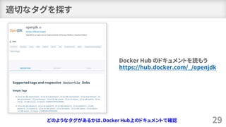 適切なタグを探す
29
Docker Hub のドキュメントを読もう
https://hub.docker.com/_/openjdk
どのようなタグがあるかは、Docker Hub上のドキュメントで確認
 