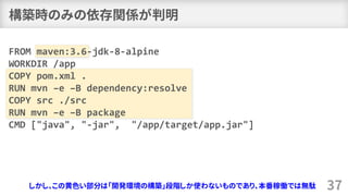 構築時のみの依存関係が判明
37
FROM maven:3.6-jdk-8-alpine
WORKDIR /app
COPY pom.xml .
RUN mvn –e –B dependency:resolve
COPY src ./src
RUN mvn –e –B package
CMD ["java", "-jar", "/app/target/app.jar"]
しかし、この黄色い部分は「開発環境の構築」段階しか使わないものであり、本番稼働では無駄
 