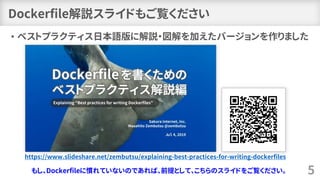 Dockerfile解説スライドもご覧ください
• ベストプラクティス日本語版に解説・図解を加えたバージョンを作りました
5
https://www.slideshare.net/zembutsu/explaining-best-practices-for-writing-dockerfiles
もし、Dockerfileに慣れていないのであれば、前提として、こちらのスライドをご覧ください。
 