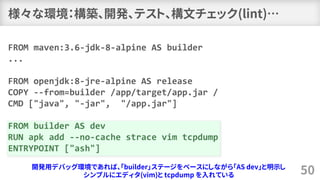 様々な環境：構築、開発、テスト、構文チェック(lint)…
50
FROM maven:3.6-jdk-8-alpine AS builder
...
FROM openjdk:8-jre-alpine AS release
COPY --from=builder /app/target/app.jar /
CMD ["java", "-jar", "/app.jar"]
FROM builder AS dev
RUN apk add --no-cache strace vim tcpdump
ENTRYPOINT ["ash"]
開発用デバッグ環境であれば、「builder」ステージをベースにしながら「AS dev」と明示し
シンプルにエディタ(vim)と tcpdump を入れている
 
