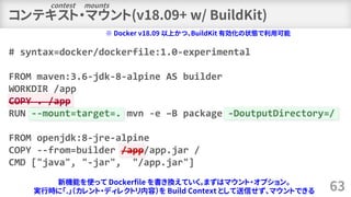 コンテキスト・マウント(v18.09+ w/ BuildKit)
63
# syntax=docker/dockerfile:1.0-experimental
FROM maven:3.6-jdk-8-alpine AS builder
WORKDIR /app
COPY . /app
RUN --mount=target=. mvn -e –B package -DoutputDirectory=/
FROM openjdk:8-jre-alpine
COPY --from=builder /app/app.jar /
CMD ["java", "-jar", "/app.jar"]
新機能を使って Dockerfile を書き換えていく。まずはマウント・オプション。
実行時に「.」（カレント・ディレクトリ内容）を Build Context として送信せず、マウントできる
※ Docker v18.09 以上かつ、BuildKit 有効化の状態で利用可能
contest mounts
 