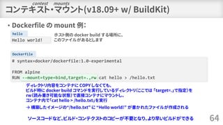 Dockerfile
hello
コンテキスト・マウント(v18.09+ w/ BuildKit)
64
ディレクトリ内容をコンテナに COPY しなくても、
ビルド時に docker build コマンドを実行しているディレクトリ（ここでは 「target=.」で指定）を
rw（読み書き可能な状態）で直接コンテナにマウントし、
コンテナ内で「cat hello > /hello.txt」を実行
→ 構築したイメージの“/hello.txt” に “Hello world!” が書かれたファイルが作成される
# syntax=docker/dockerfile:1.0-experimental
FROM alpine
RUN --mount=type=bind,target=.,rw cat hello > /hello.txt
Hello world!
ソースコードなど、ビルド・コンテクストのコピーが不要となり、より早いビルドができる
contest mounts
• Dockerfile の mount 例：
ホスト側の docker build する場所に、
このファイルがあるとします
 