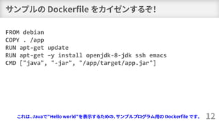 サンプルの Dockerfile をカイゼンするぞ！
12
FROM debian
COPY . /app
RUN apt-get update
RUN apt-get –y install openjdk-8-jdk ssh emacs
CM...