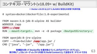 コンテキスト・マウント(v18.09+ w/ BuildKit)
63
# syntax=docker/dockerfile:1.0-experimental
FROM maven:3.6-jdk-8-alpine AS builder
WOR...
