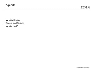 © 2015 IBM Corporation
Agenda
• What is Docker
• Docker and Bluemix
• What’s next?
 