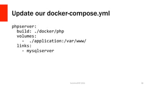 Update our docker-compose.yml
phpserver:	
		build:	./docker/php	
		volumes:	
				-		./application:/var/www/	
		links:	
				-	mysqlserver	
SunshinePHP	2016	 68	
 