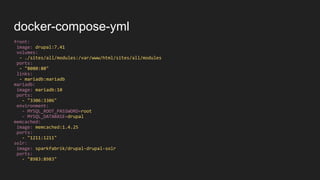 front:
image: drupal:7.41
volumes:
- ./sites/all/modules:/var/www/html/sites/all/modules
ports:
- "8080:80"
links:
- mariadb:mariadb
mariadb:
image: mariadb:10
ports:
- "3306:3306"
environment:
- MYSQL_ROOT_PASSWORD=root
- MYSQL_DATABASE=drupal
memcached:
image: memcached:1.4.25
ports:
- "1211:1211"
solr:
image: sparkfabrik/drupal-drupal-solr
ports:
- "8983:8983"
docker-compose-yml
 
