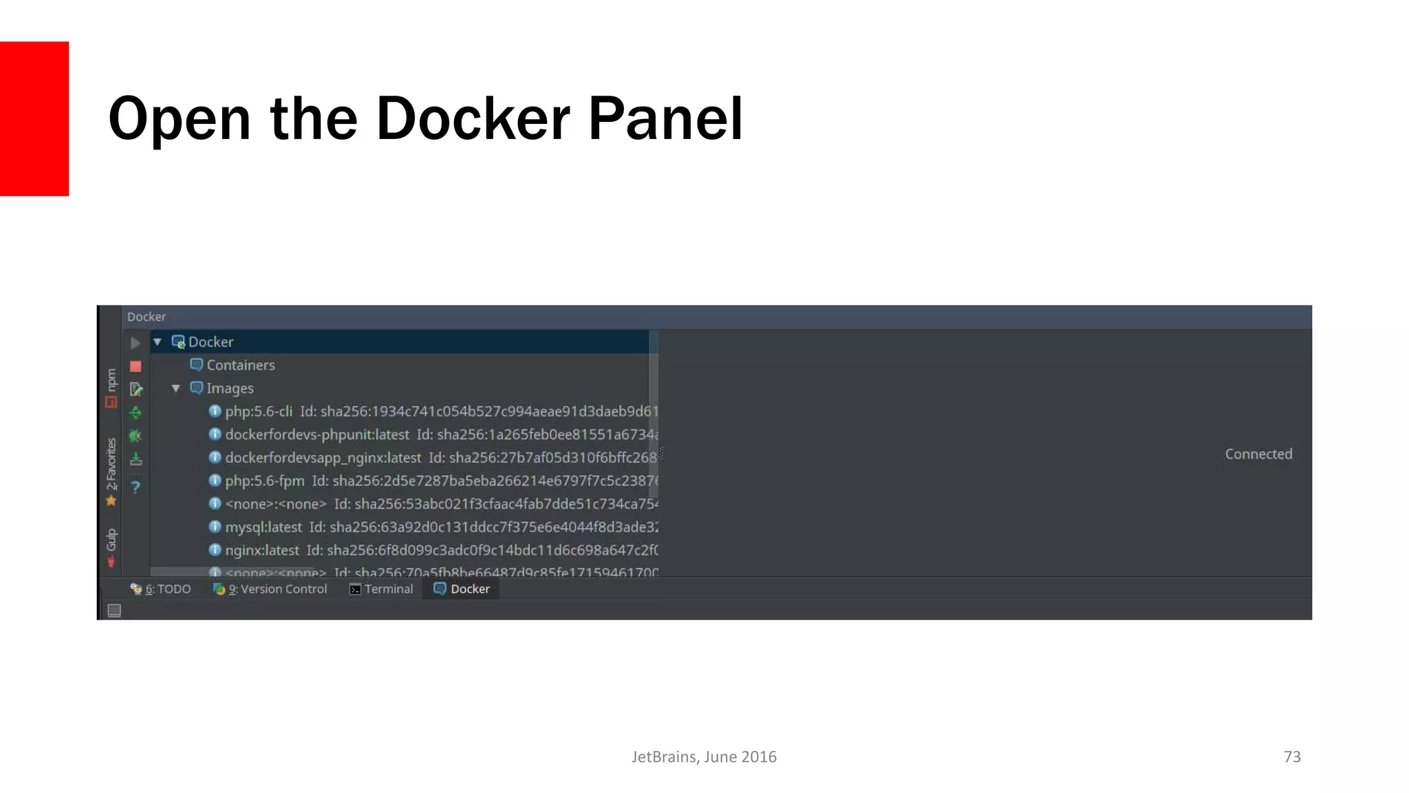 Open the Docker Panel
JetBrains, June 2016 73
 