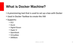 What is Docker Machine?
• A provisioning tool that is used to set up a box with Docker
• Used in Docker Toolbox to create the VM
• Supports:
• EC2
• Azure
• Digital Ocean
• Hyper-V
• OpenStack
• Virtualbox
• VMWare
JetBrains, June 2016 63
 