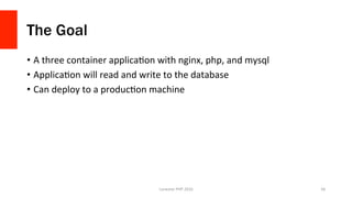 The Goal
•  A	three	container	applicaVon	with	nginx,	php,	and	mysql	
•  ApplicaVon	will	read	and	write	to	the	database	
•  Can	deploy	to	a	producVon	machine	
Lonestar	PHP	2016	 56	
 