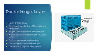 Docker Images Layers
 Layers are read only
 An image is a collection of files and some
meta data
 Images are comprised of multiple layers
 A layer is also contains software you want
to run
 Each image contains a base layer
 Every image contains a base layer
 Docker uses a copy on write systems
 