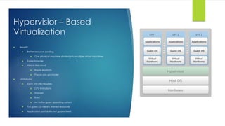 Hypervisior – Based
Virtualization
 Benefit:
 Better resource pooling
 One physical machine divided into multiple virtual machines
 Easier to scale
 VMs in the cloud
 Rapid elasticity
 Pay as you go model
 Limitations:
 Each VM stills requires:
 CPU limitations
 Storage
 RAM
 An entire guest operating system
 Full guest OS means wasted resources
 Application portability not guaranteed
 
