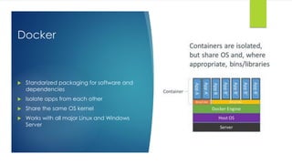Docker
 Standarized packaging for software and
dependencies
 Isolate apps from each other
 Share the same OS kernel
 Works with all major Linux and Windows
Server
 