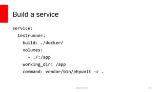 php[tek] 2017
Run the tests with the service
docker-compose run --rm testrunner
103
 