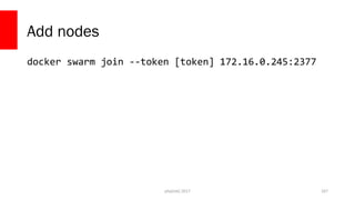 Add nodes
docker swarm join --token [token] 172.16.0.245:2377
php[tek] 2017 167
 