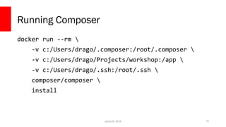 php[tek] 2018
Running Composer
docker run --rm 
-v c:/Users/drago/.composer:/root/.composer 
-v c:/Users/drago/Projects/wo...