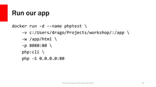 Run our app
docker run -d --name phptest 
-v c:/Users/drago/Projects/workshop/:/app 
-w /app/html 
-p 8080:80 
php:cli 
ph...