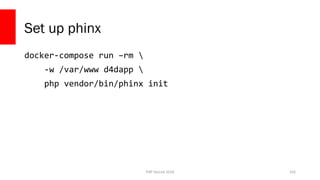 PHP Detroit 2018
Set up phinx
docker-compose run –rm 
-w /var/www d4dapp 
php vendor/bin/phinx init
103
 