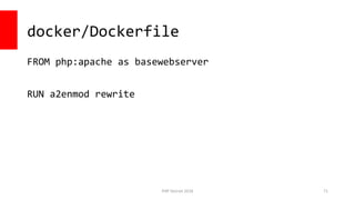 PHP Detroit 2018
docker/Dockerfile
FROM php:apache as basewebserver
RUN a2enmod rewrite
71
 