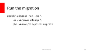 PHP Detroit 2018
Run the migration
docker-compose run –rm 
-w /var/www d4dapp 
php vendor/bin/phinx migrate
104
 
