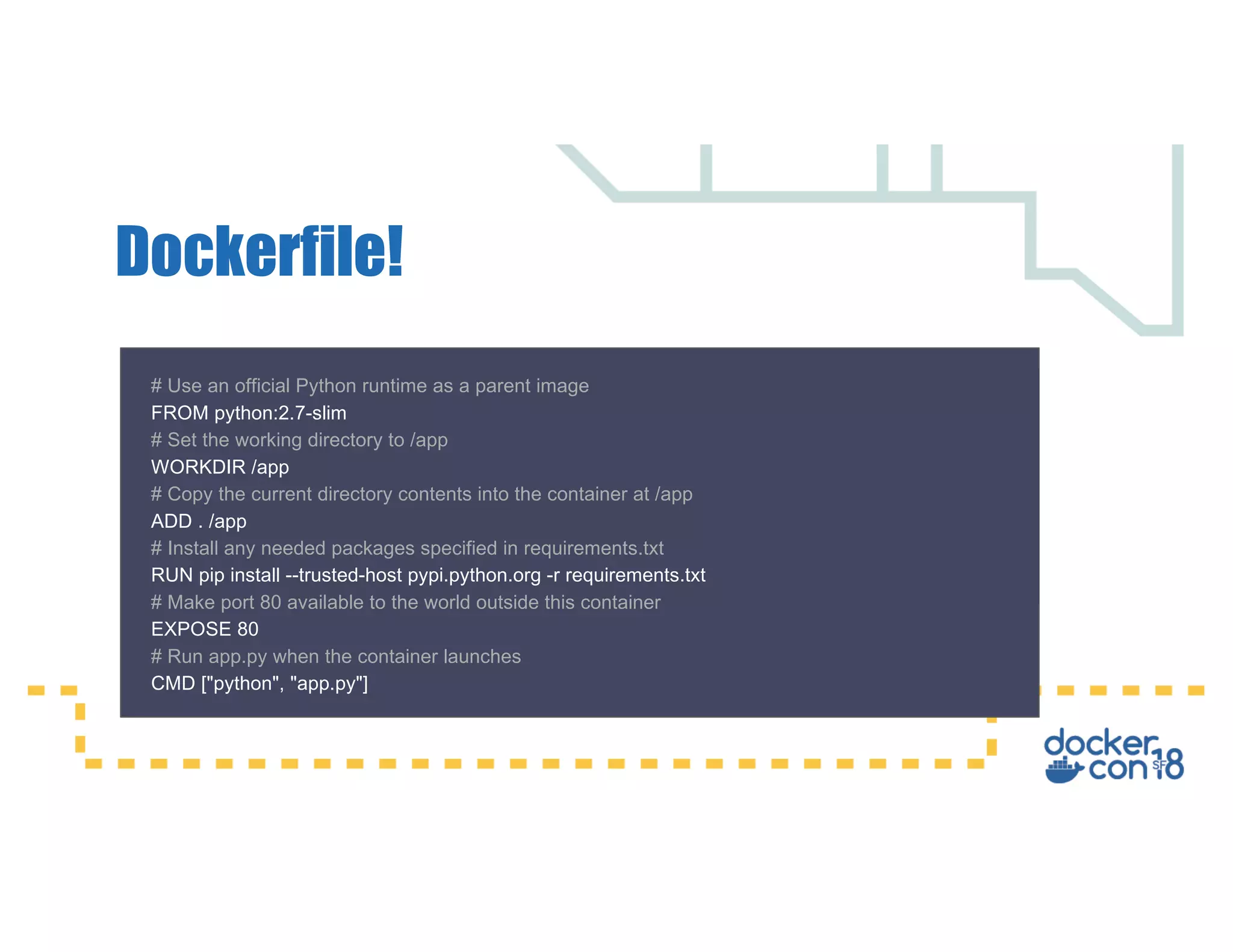 Dockerfile! # Use an official Python runtime as a parent image FROM python:2.7-slim # Set the working directory to /app WORKDIR /app # Copy the current directory contents into the container at /app ADD . /app # Install any needed packages specified in requirements.txt RUN pip install --trusted-host pypi.python.org -r requirements.txt # Make port 80 available to the world outside this container EXPOSE 80 # Run app.py when the container launches CMD ["python", "app.py"] 
