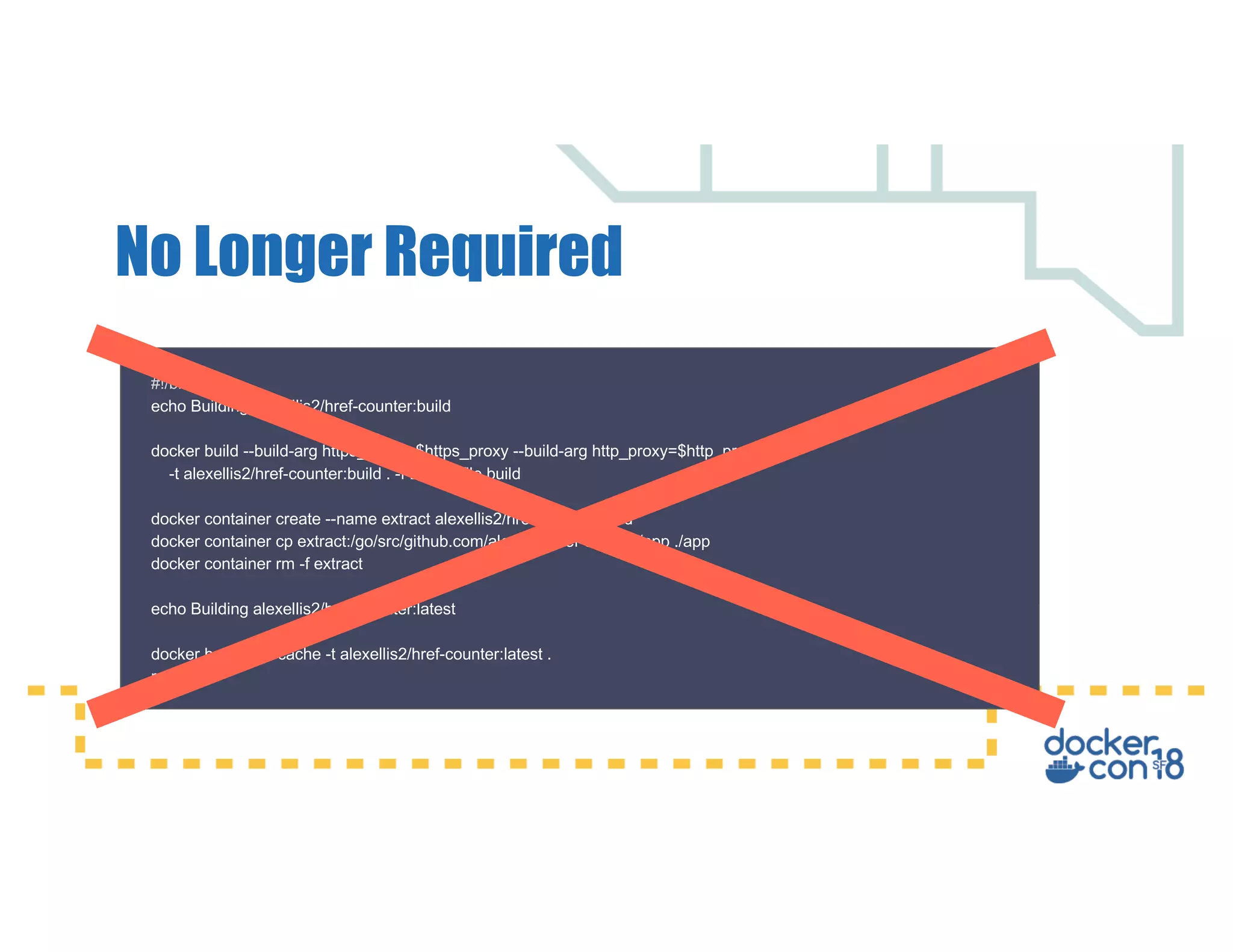No Longer Required #!/bin/sh echo Building alexellis2/href-counter:build docker build --build-arg https_proxy=$https_proxy --build-arg http_proxy=$http_proxy -t alexellis2/href-counter:build . -f Dockerfile.build docker container create --name extract alexellis2/href-counter:build docker container cp extract:/go/src/github.com/alexellis/href-counter/app ./app docker container rm -f extract echo Building alexellis2/href-counter:latest docker build --no-cache -t alexellis2/href-counter:latest . rm ./app 