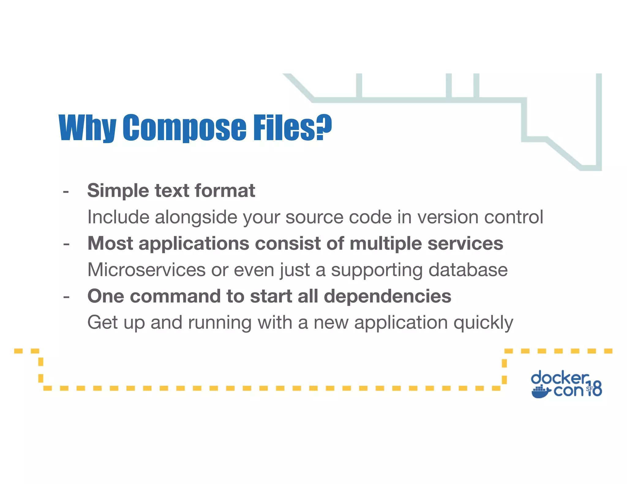 - Simple text format Include alongside your source code in version control - Most applications consist of multiple services Microservices or even just a supporting database - One command to start all dependencies Get up and running with a new application quickly Why Compose Files? 