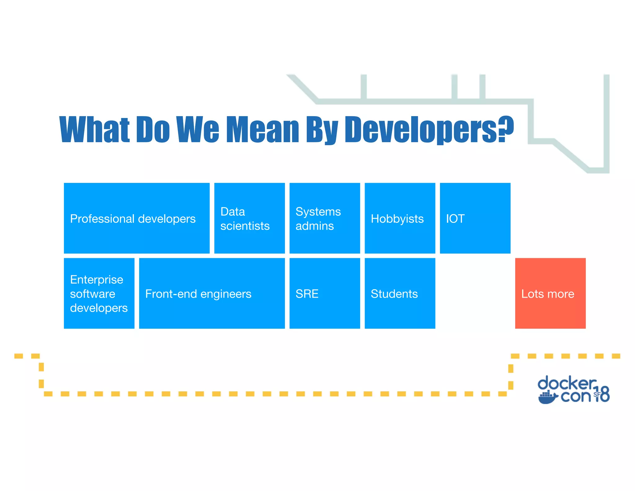 What Do We Mean By Developers? Enterprise software developers Data scientists Front-end engineers Systems admins Students Professional developers Hobbyists Lots moreSRE IOT 
