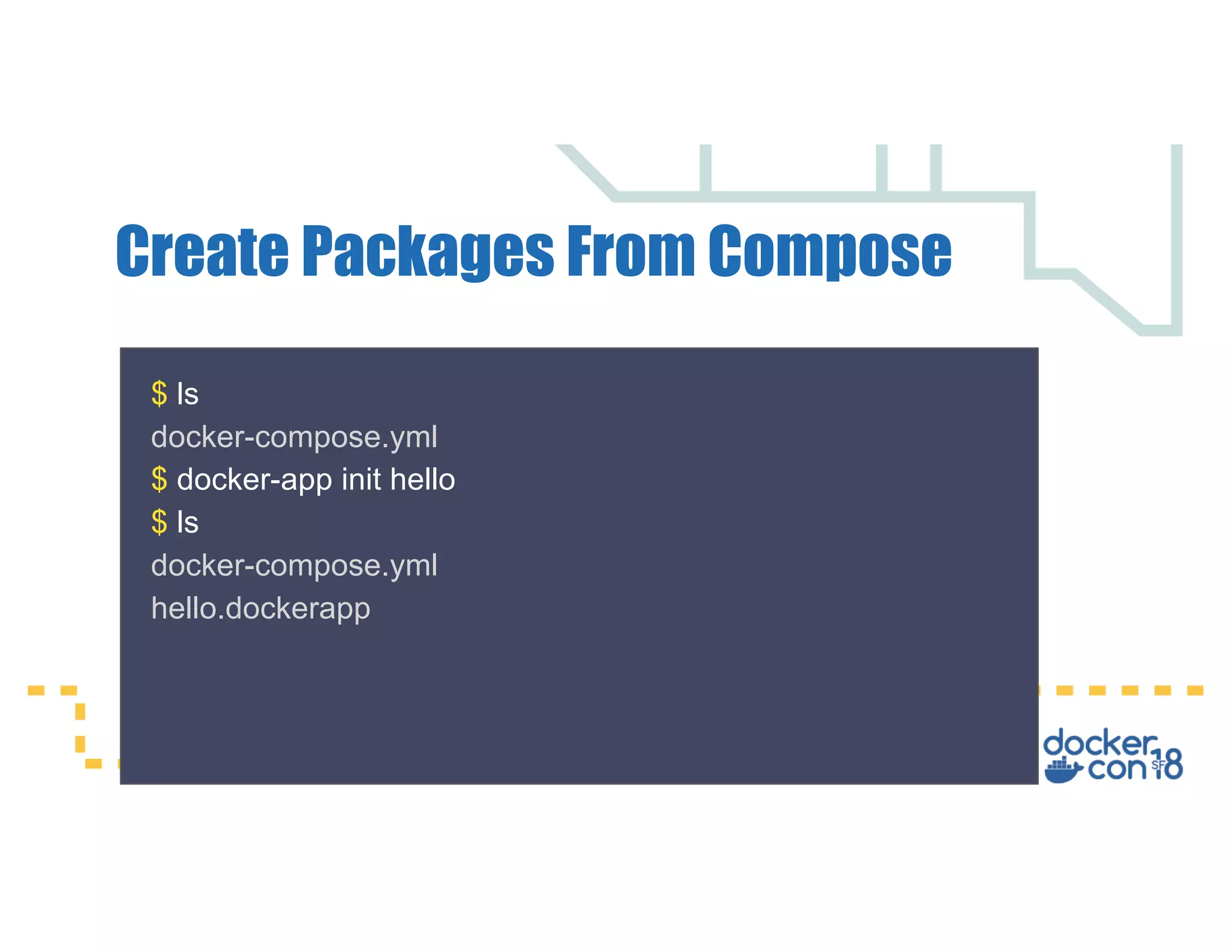 Create Packages From Compose $ ls docker-compose.yml $ docker-app init hello $ ls docker-compose.yml hello.dockerapp 