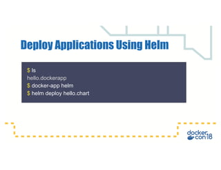 $ ls
hello.dockerapp
$ docker-app helm
$ helm deploy hello.chart
Deploy Applications Using Helm
 