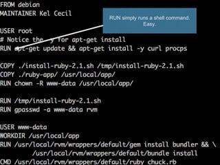 RUN simply runs a shell command.
Easy.
 