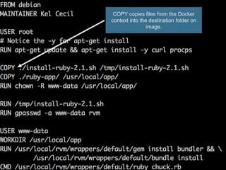 COPY copies files from the Docker
context into the destination folder on
image.
 