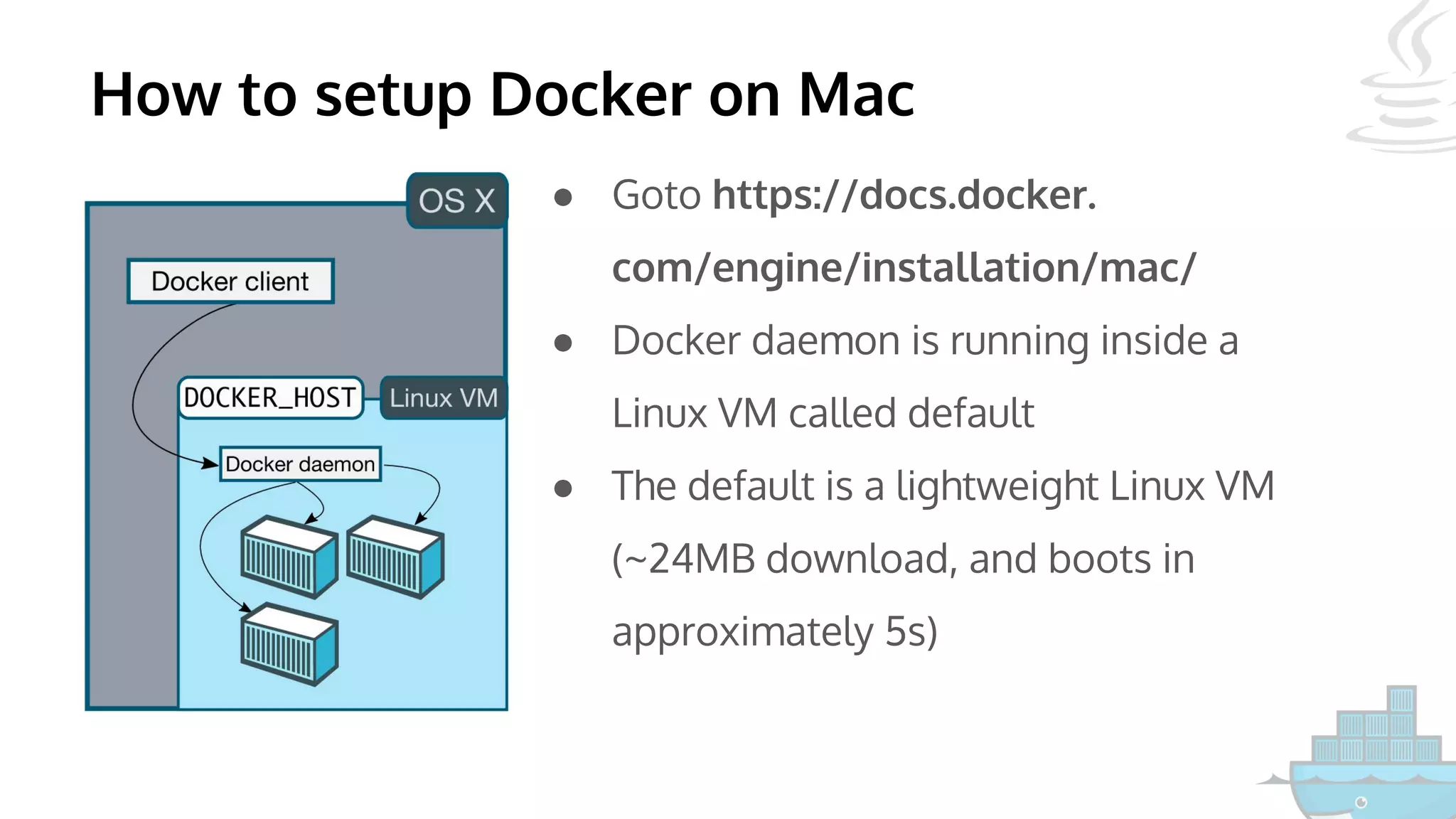 How to setup Docker on Mac
● Goto https://docs.docker.
com/engine/installation/mac/
● Docker daemon is running inside a
Linux VM called default
● The default is a lightweight Linux VM
(~24MB download, and boots in
approximately 5s)
 