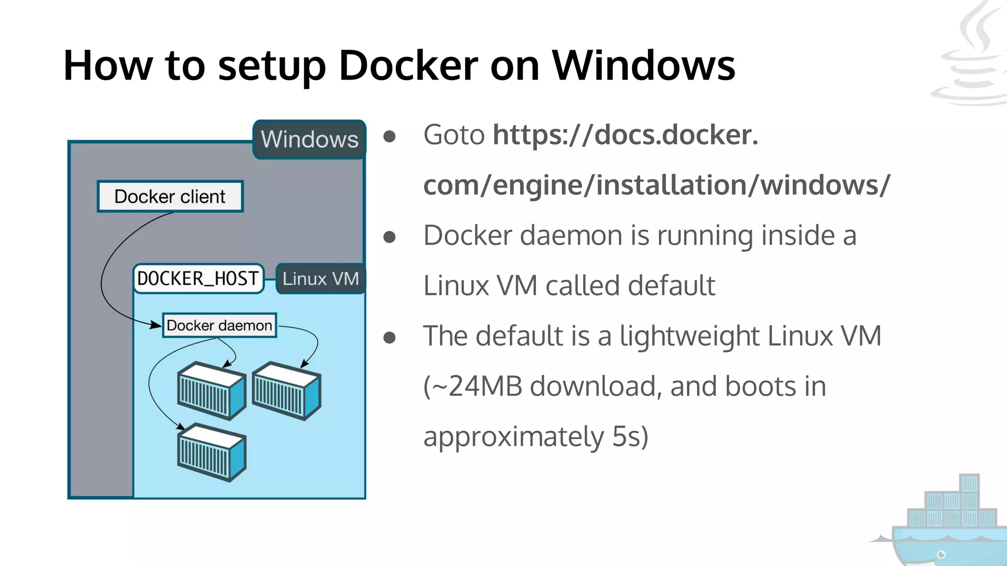 How to setup Docker on Windows
● Goto https://docs.docker.
com/engine/installation/windows/
● Docker daemon is running inside a
Linux VM called default
● The default is a lightweight Linux VM
(~24MB download, and boots in
approximately 5s)
 