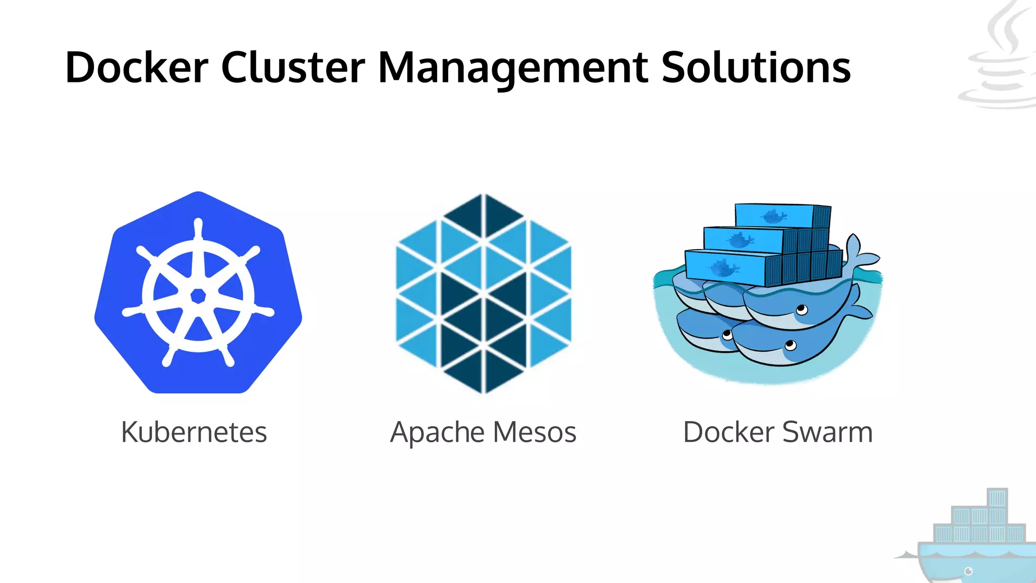 Docker Cluster Management Solutions
Kubernetes Docker SwarmApache Mesos
 