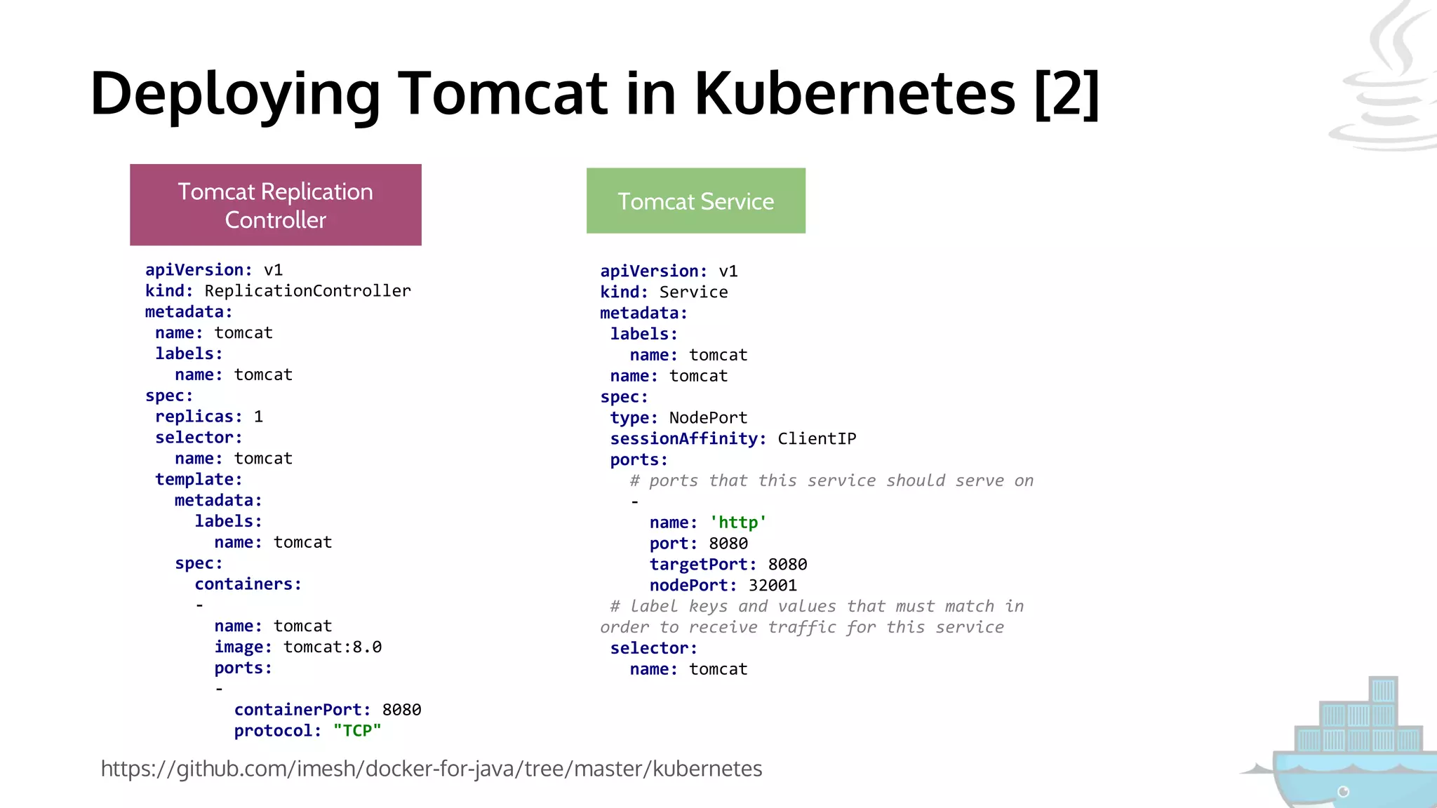 Deploying Tomcat in Kubernetes [2]
https://github.com/imesh/docker-for-java/tree/master/kubernetes
apiVersion: v1
kind: ReplicationController
metadata:
name: tomcat
labels:
name: tomcat
spec:
replicas: 1
selector:
name: tomcat
template:
metadata:
labels:
name: tomcat
spec:
containers:
-
name: tomcat
image: tomcat:8.0
ports:
-
containerPort: 8080
protocol: "TCP"
apiVersion: v1
kind: Service
metadata:
labels:
name: tomcat
name: tomcat
spec:
type: NodePort
sessionAffinity: ClientIP
ports:
# ports that this service should serve on
-
name: 'http'
port: 8080
targetPort: 8080
nodePort: 32001
# label keys and values that must match in
order to receive traffic for this service
selector:
name: tomcat
Tomcat ServiceTomcat Replication
Controller
 